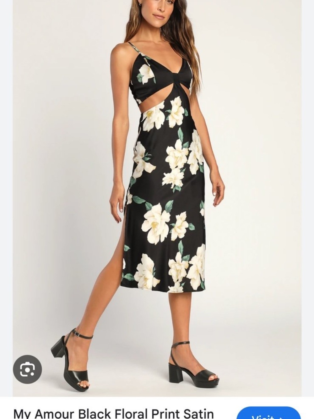 Lulu's Black Satin Midi Dress with White Floral Print